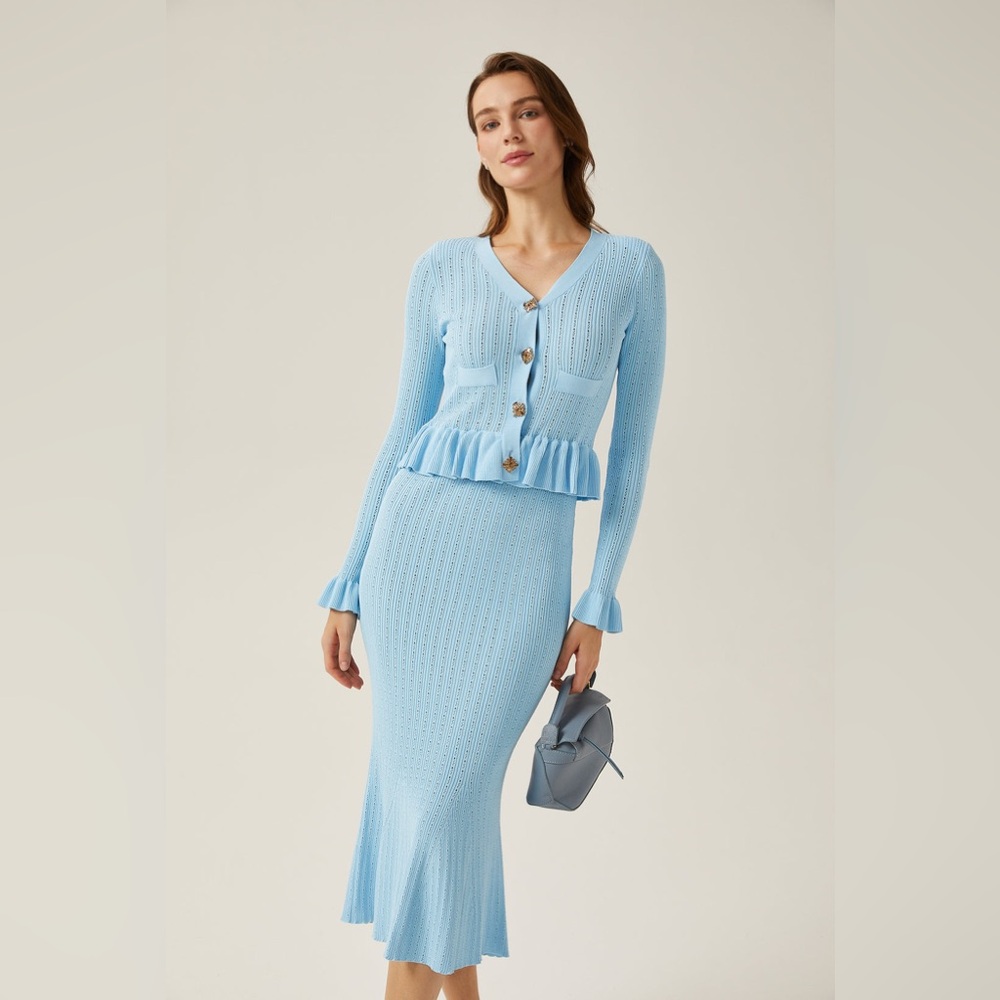 121. HIGH END Ruffled Knit Top and Flared Skirt Set in Blue - Picture 2 of 5